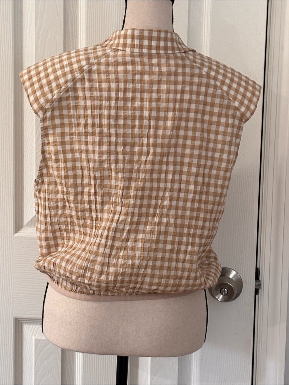 Anthropologie Tan and White Gingham Cap-Sleeve Button-Down Top - Picture 4 of 11